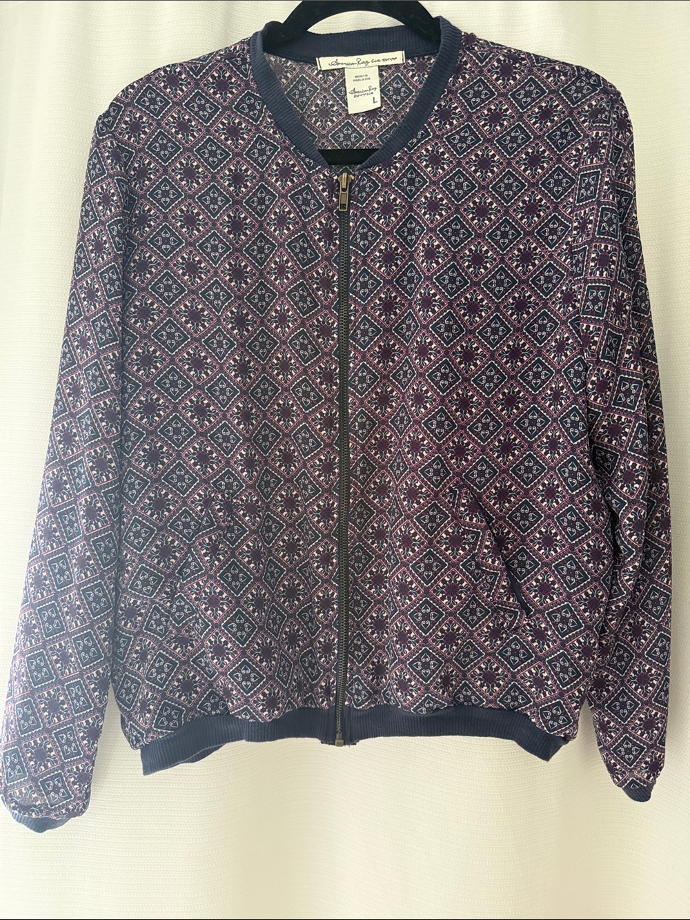 Vintage American Rag navy Patterned Zip-Front Bomber Jacket